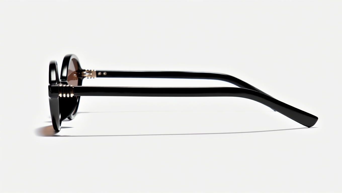 Oval black sunnies with brown lenses - side view