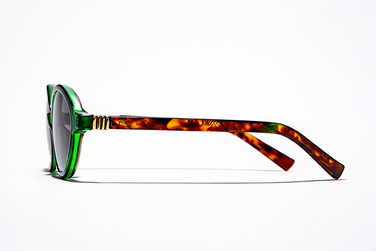 Oval Tortoiseshell and Green sunnies with black lenses - side view