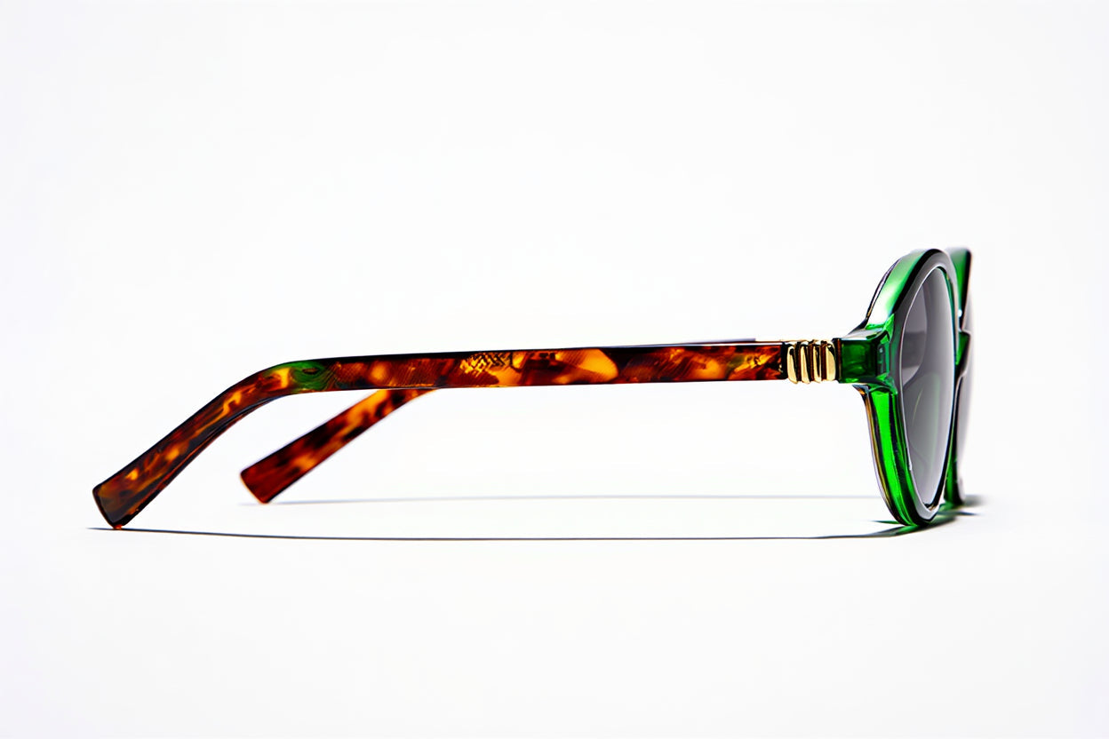 Oval Tortoiseshell and Green sunnies with black lenses - side view 2